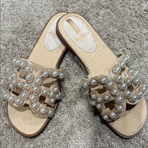 Sam Edelman Tan Woven Slide Sandals with Pearl Accents
